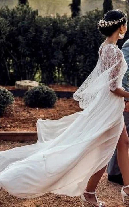 Vestido de novia sencillo de gasa con abertura frontal y capa de encaje para boda formal